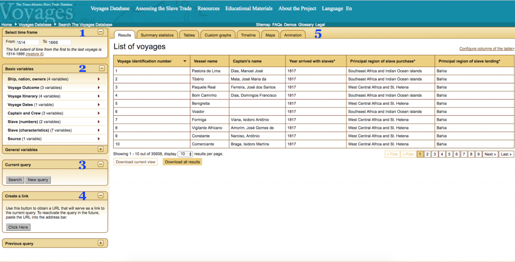 Voyages database interface with no active searches